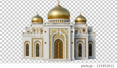 Stunning golden domed mosque with intricate detailing, a beacon of faith and cultural richness, perfect for Ramadan, Eid, or Islamic themed designs 131952611