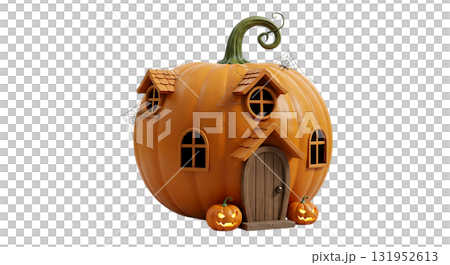 Whimsical pumpkin house, perfect for festive Halloween decor and seasonal greetings, evokes cozy autumn feelings with tiny glowing pumpkins 131952613