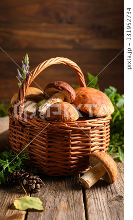 Fresh organic mushrooms in a wicker basket on an isolated white background for a healthy autumn diet Fresh organic mushrooms in a wicker basket on an isolated white background for a healthy autumn diet 131952734