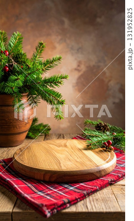 Festive Christmas dinner table setting with a plate, glass, flower decoration, and fresh fruit for a holiday celebration Festive Christmas dinner table setting with a plate, glass, flower decoration, and fresh fruit for a holiday celebration 131952825