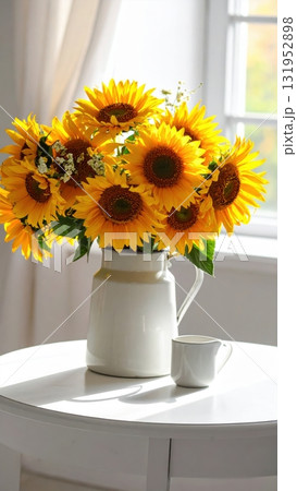 A beautiful yellow sunflower bouquet in a glass vase is a vibrant summer nature arrangement A beautiful yellow sunflower bouquet in a glass vase is a vibrant summer nature arrangement 131952898
