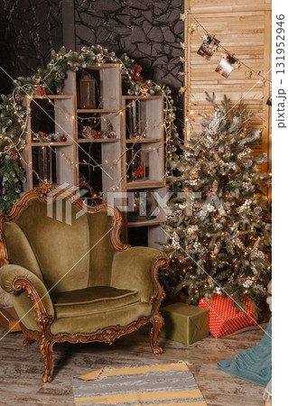 Cozy christmas living room interior with a festive tree, antique armchair, and sparkling lights. Holiday season celebration concept. 131952946