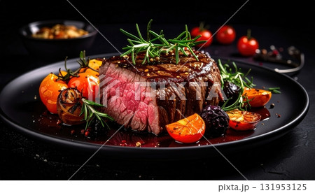 A gourmet plate of perfectly roasted lamb chops and vegetables makes a delicious dinner meal 131953125