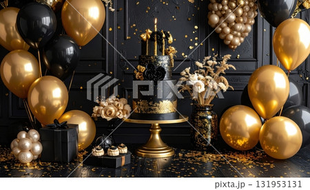 Golden Christmas decorations of a ball ornament and a golden egg reflecting the warm light of a candle on a dark winter night 131953131