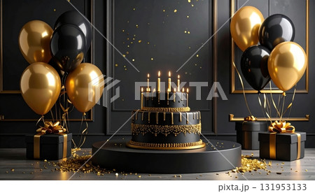 Golden Christmas decorations of a ball ornament and a golden egg reflecting the warm light of a candle on a dark winter night 131953133