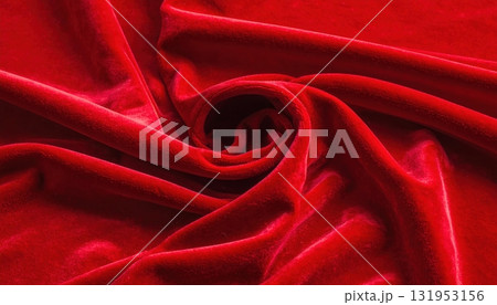 Shiny red satin fabric with soft, smooth waves creates a luxurious, elegant, and passionate textile texture, perfect for a Christmas or Valentine's backdrop 131953156