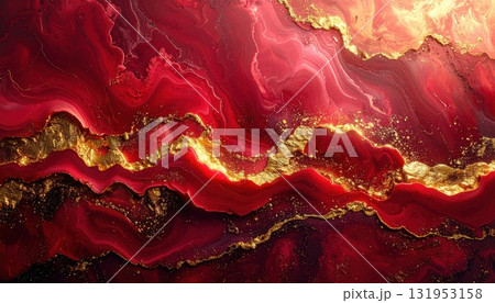 A bright red autumn leaves pattern with a digital fractal design makes a perfect holiday card background 131953158