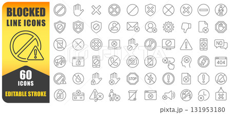 Blocked And Prohibition Line Icon Set. A Collection Of 60 Thin Editable Stroke Line Icons Showing Warnings, Restrictions, Cancellations, And Access Denials. Perfect For Safety Signs, App Design.  131953180
