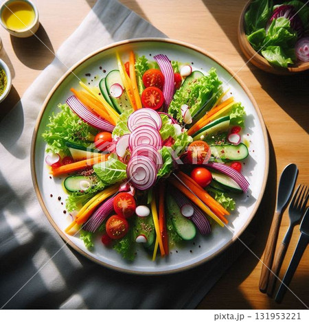 シンプルな白い皿に美しく盛り付けられた、色鮮やかなサラダ シンプルな白い皿に美しく盛り付けられた、色鮮やかなサラダ 131953221