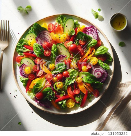 シンプルな白い皿に美しく盛り付けられた、色鮮やかなサラダ シンプルな白い皿に美しく盛り付けられた、色鮮やかなサラダ 131953222