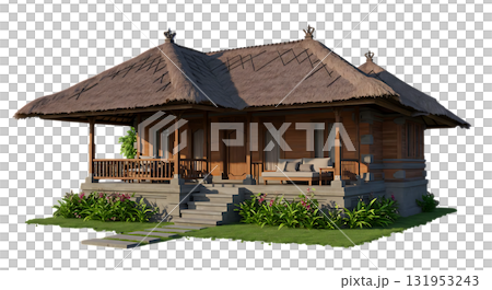 Charming thatched-roof bungalow evokes tranquility, ideal for resort promotions or architectural showcases with its inviting garden and serene design 131953243