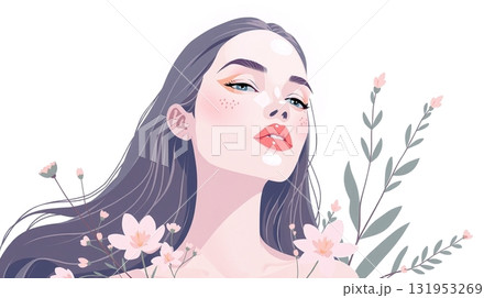 illustrated female among flowers, enjoying nature illustrated female among flowers, enjoying nature 131953269