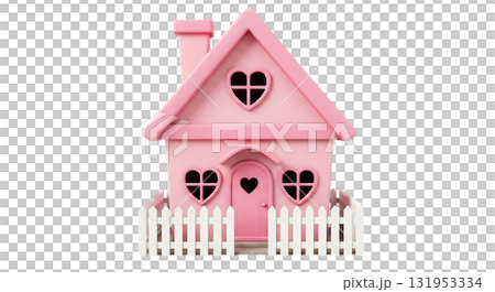 Adorable pink dollhouse with heart-shaped windows and picket fence, perfect for children's books, toy stores, or sweet Valentine's Day designs 131953334