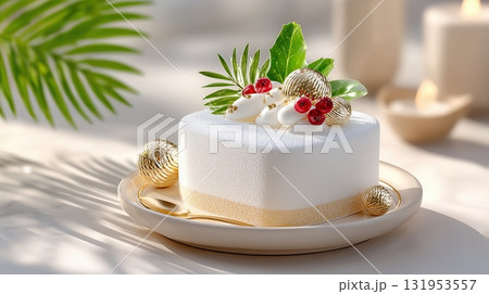 Luxury White Square Cake, Gold Accents, Berries, and Palm Leaf Shadows Luxury White Square Cake, Gold Accents, Berries, and Palm Leaf Shadows 131953557