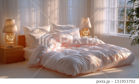 Serene Bedroom with Warm Morning Sunlight Through Sheer Curtains and Cozy Bedding 131953702