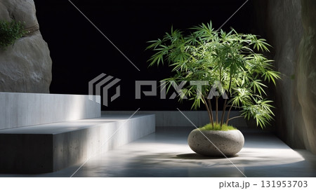 Serene Green Plant in Stone Planter on Concrete Steps, Modern Minimalist Design 131953703