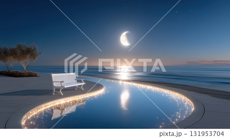 Serene moonlit ocean view with a modern bench and sparkling illuminated water at night 131953704