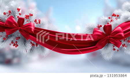 Elegant Winter Holiday Banner with Red Ribbon, Bows, Frosted Pine Branches and Berries 131953864
