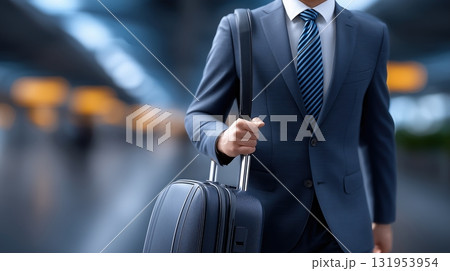 Businessman in a suit walking with luggage, depicting modern business travel and executive mobility. 131953954