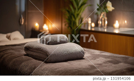 Relaxation awaits on this treatment table, complete with soft towels and soothing candlelight. 131954106