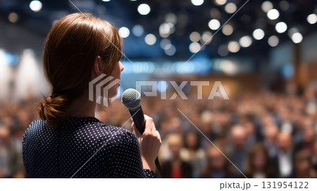 Speaker addressing crowd: A woman at a podium with a microphone captivating an audience in a large auditorium. Spotlight on public speaking and leadership. 131954122
