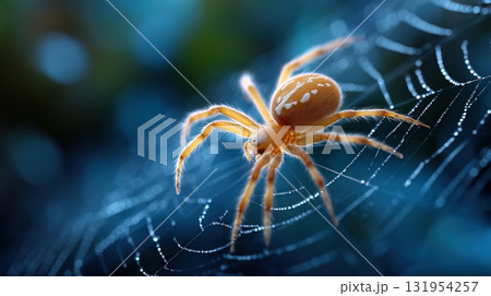 Golden Spider on a Shimmering Dew-Laden Web, Close-Up Macro Photography Showcasing Intricate Details in Nature Golden Spider on a Shimmering Dew-Laden Web, Close-Up Macro Photography Showcasing Intricate Details in Nature 131954257