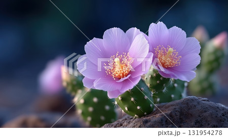 Vibrant pink cactus flowers blooming on a textured rock Vibrant pink cactus flowers blooming on a textured rock 131954278