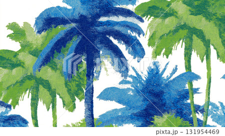 水彩のきらめく青と緑のヤシの木が調和とアロハの安らぎを感じさせるトロピカルな休暇風景 水彩のきらめく青と緑のヤシの木が調和とアロハの安らぎを感じさせるトロピカルな休暇風景 131954469
