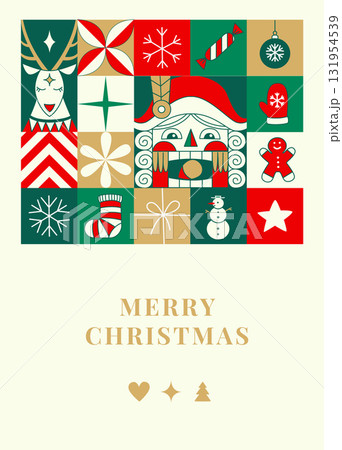 Merry Christmas Greeting Card with Nutcracker, Santa, and Reindeer, Festive Vector Illustration 131954539