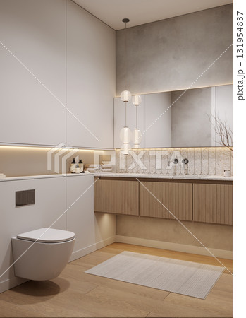 Modern bright bathroom interior with wooden furniture, sink with mirror, 3d rendering 131954837