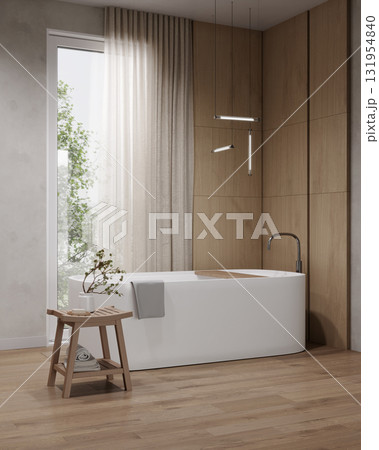 modern bathroom interior with tub and wooden stand sink, mirror, bath accessories, 3d rendering 131954840