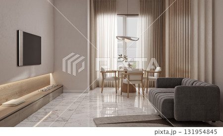 Blank TV screen in modern light interior with white sofa in stylish mock up, front view. TV in living room interior background, empty TV display template, 3d render 131954845