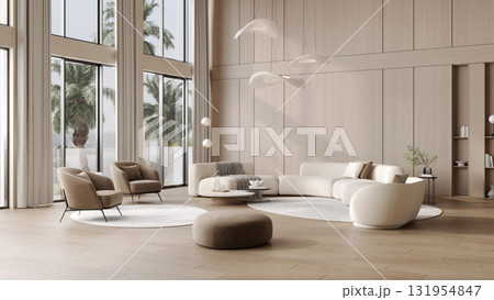 Luxury modern villa interior with wooden walls, soft white sofas, designer lamps, panoramic windows and elegant minimalist decor, 3d rendering Luxury modern villa interior with wooden walls, soft white sofas, designer lamps, panoramic windows and elegant minimalist decor, 3d rendering 131954847
