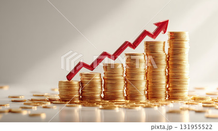Stacks of gold coins with upward arrow symbolizing growth Stacks of gold coins with upward arrow symbolizing growth 131955522