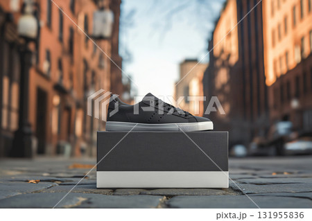 Black casual sneaker displayed on its box on a cobblestone street, with blurred urban background, highlighting contemporary footwear design Black casual sneaker displayed on its box on a cobblestone street, with blurred urban background, highlighting contemporary footwear design 131955836