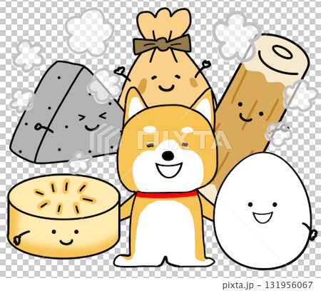 Shiba Inu looks happy surrounded by hot oden 131956067