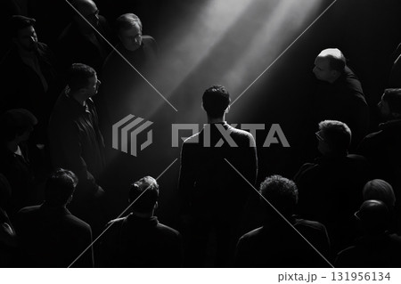 Single man standing in a spotlight while being surrounded by a crowd of people in the dark 131956134