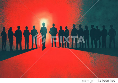 Businessman standing out from a crowd of other businessmen is being illuminated by a bright spotlight Businessman standing out from a crowd of other businessmen is being illuminated by a bright spotlight 131956135