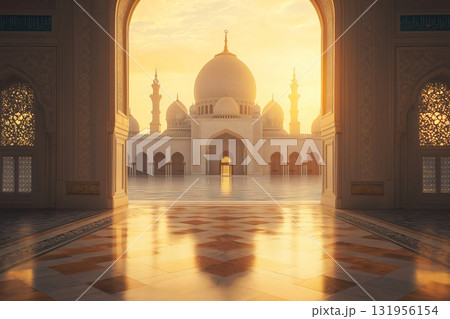 Golden light illuminating the courtyard of grand mosque at sunrise Golden light illuminating the courtyard of grand mosque at sunrise 131956154