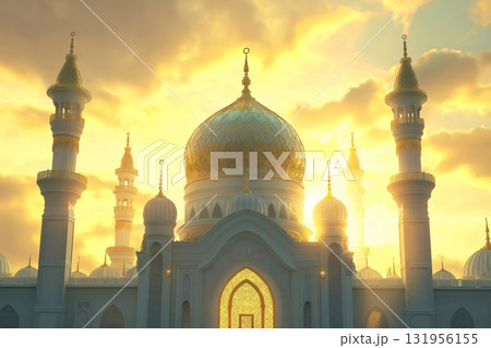 Ornate domes and minarets of a mosque are gleaming in the golden light of the rising sun Ornate domes and minarets of a mosque are gleaming in the golden light of the rising sun 131956155