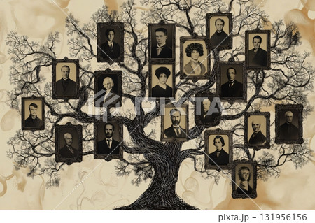 Vintage portraits of men and women representing ancestors are hanging from the branches of a family tree Vintage portraits of men and women representing ancestors are hanging from the branches of a family tree 131956156