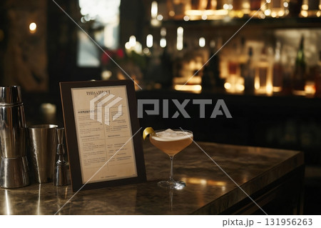 Customizable drink menu mockup is displayed on a bar counter alongside a cocktail and bar equipment, creating a sophisticated and inviting atmosphere 131956263