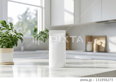 Customizable pouch packaging mockup standing on a kitchen countertop with plants, perfect for showcasing your product design 131956273