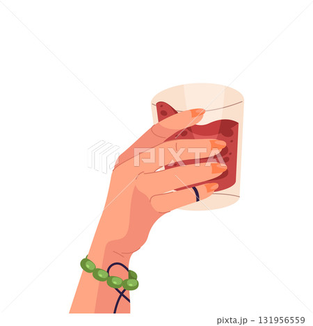 Hand with alcohol drink or glass wine. Vector red champagne in palm. Mocktail or juice sign for bar or nightclub. Toast drink for celebration or festive. Shaker for relaxation, refreshment. Beverage. Hand with alcohol drink or glass wine. Vector red champagne in palm. Mocktail or juice sign for bar or nightclub. Toast drink for celebration or festive. Shaker for relaxation, refreshment. Beverage. 131956559