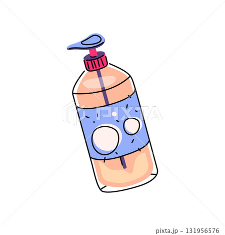 Hair conditioner or shampoo icon. Vector clipart of cosmetic bottle with pump. Hygiene product for male and female head washing, moisturizing, health care routine. Bathroom liquid soap. Wash container Hair conditioner or shampoo icon. Vector clipart of cosmetic bottle with pump. Hygiene product for male and female head washing, moisturizing, health care routine. Bathroom liquid soap. Wash container 131956576