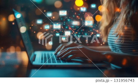 Woman Working on Laptop Email Notifications. 131956743