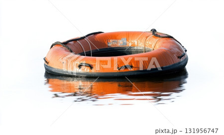 Orange Life Raft on Calm Water. Orange Life Raft on Calm Water. 131956747