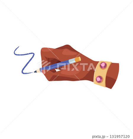 Hand with pencil writes memo or drawing. Vector graphite with eraser for school or office. Note and report, journal and memo, paperwork task icon. Education and calligraphy, sketch signature outline. 131957120