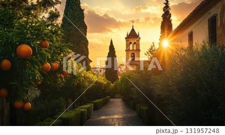 Sunset Stroll Orange Grove Path. 131957248