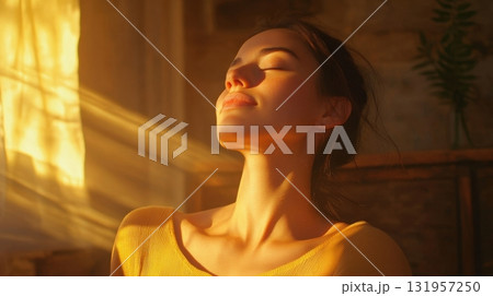 Golden Hour Glow Woman Basking in Sunlight. 131957250